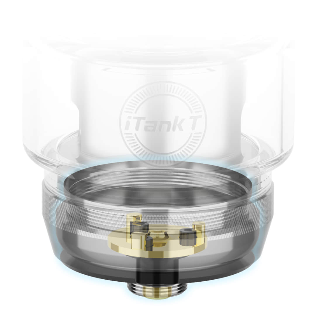 A transparent, exploded view of a vape tank showing the internal components, including the base and iTank T branding.