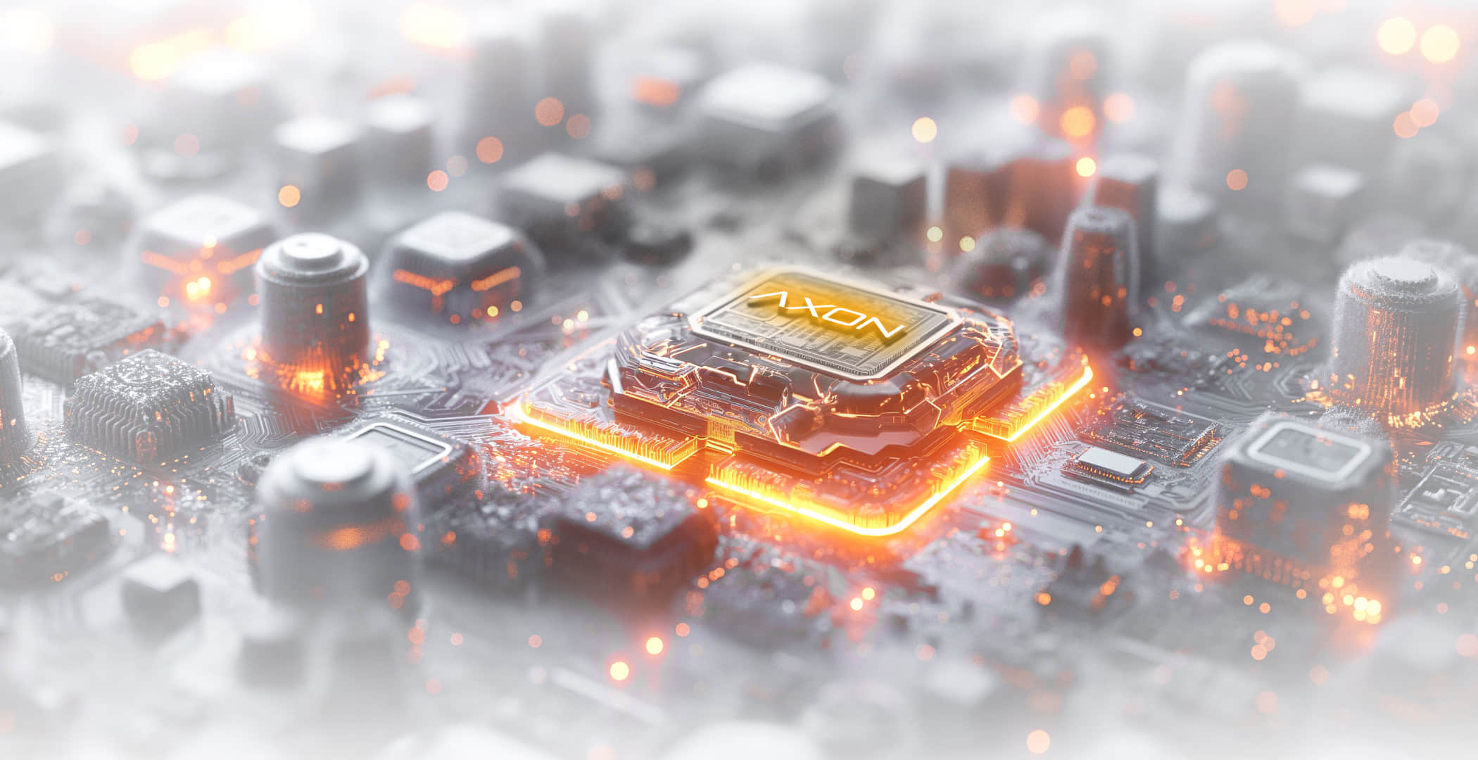 A glowing orange and yellow close-up of a complex electronic circuit board with a central chip labeled 